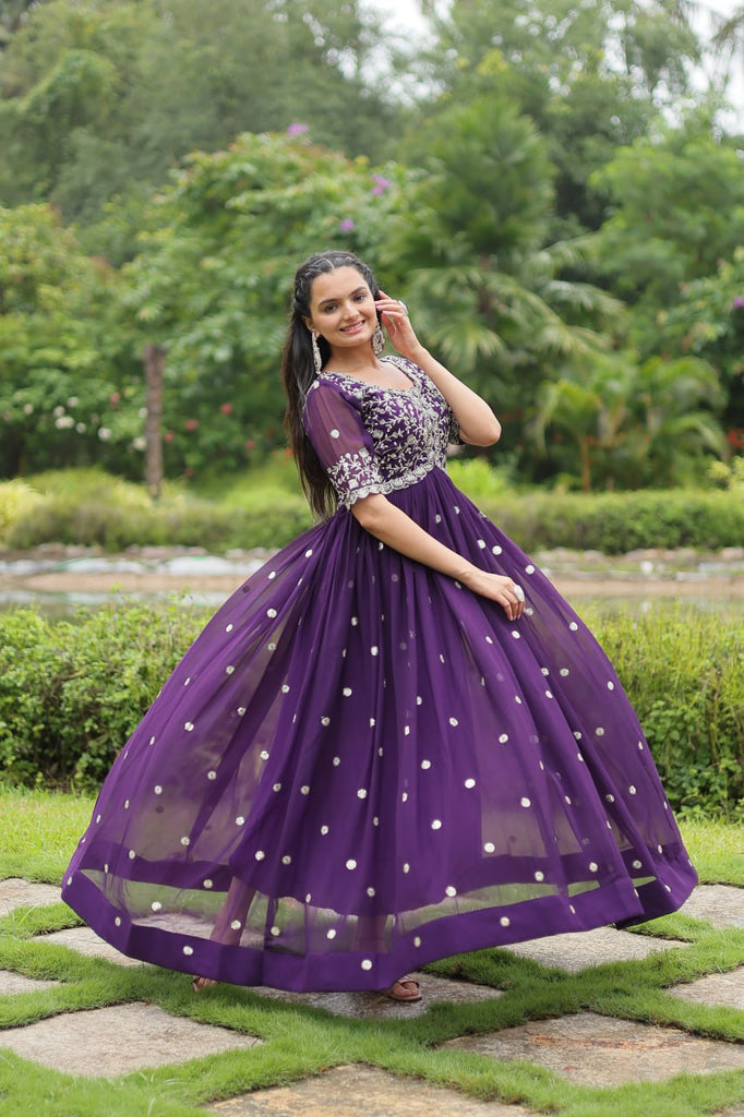 Purple Designer Readymade Gown with Zari-Thread & Sequins Embroidery Clothsvilla