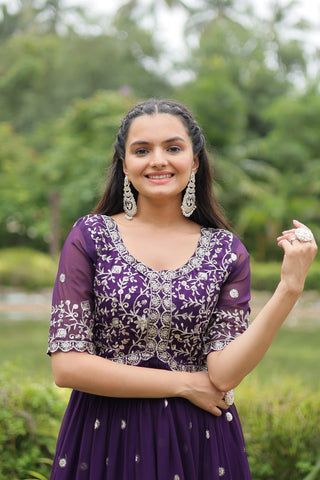 Purple Designer Readymade Gown with Zari-Thread & Sequins Embroidery Clothsvilla