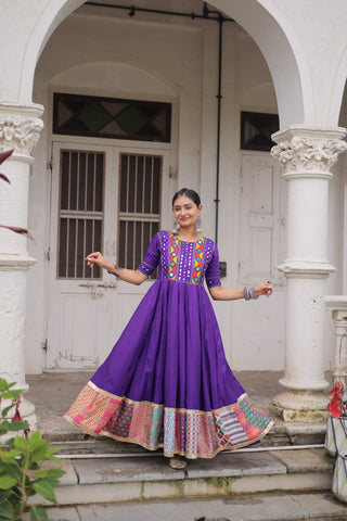Purple Designer Roman Fabric Gown with Multicolor Thread, Mirror & Maslin Crochet Work ClothsVilla