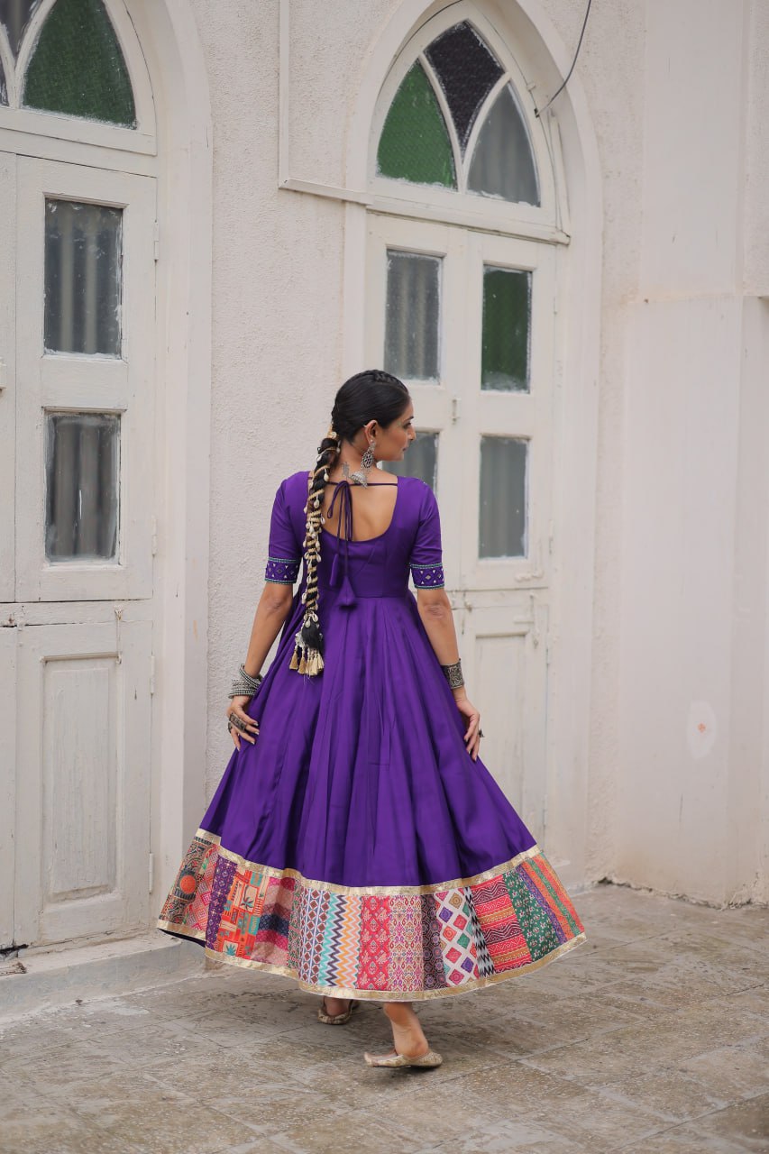 Purple Designer Roman Fabric Gown with Multicolor Thread, Mirror & Maslin Crochet Work ClothsVilla
