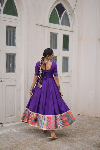 Purple Designer Roman Fabric Gown with Multicolor Thread, Mirror & Maslin Crochet Work ClothsVilla
