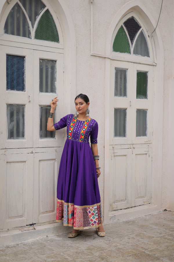 Purple Designer Roman Fabric Gown with Multicolor Thread, Mirror & Maslin Crochet Work ClothsVilla