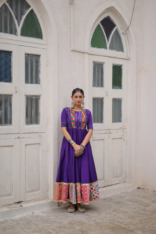 Purple Designer Roman Fabric Gown with Multicolor Thread, Mirror & Maslin Crochet Work ClothsVilla