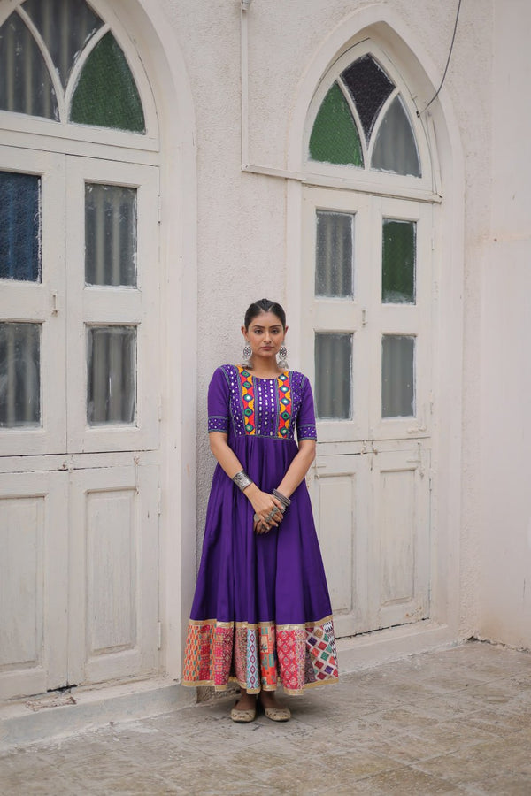 Purple Designer Roman Fabric Gown with Multicolor Thread, Mirror & Maslin Crochet Work ClothsVilla