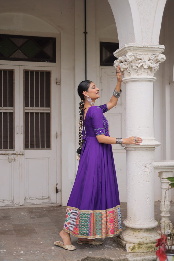 Purple Designer Roman Fabric Gown with Multicolor Thread, Mirror & Maslin Crochet Work ClothsVilla