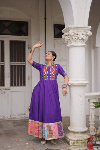 Purple Designer Roman Fabric Gown with Multicolor Thread, Mirror & Maslin Crochet Work ClothsVilla
