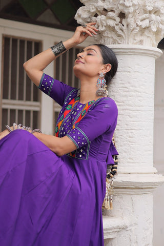 Purple Designer Roman Fabric Gown with Multicolor Thread, Mirror & Maslin Crochet Work ClothsVilla
