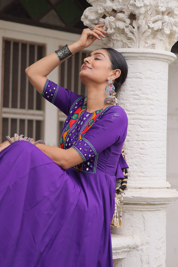 Purple Designer Roman Fabric Gown with Multicolor Thread, Mirror & Maslin Crochet Work ClothsVilla