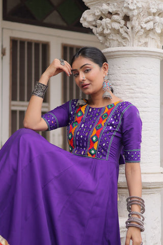 Purple Designer Roman Fabric Gown with Multicolor Thread, Mirror & Maslin Crochet Work ClothsVilla