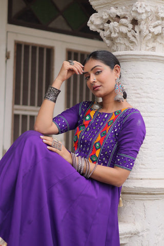 Purple Designer Roman Fabric Gown with Multicolor Thread, Mirror & Maslin Crochet Work ClothsVilla