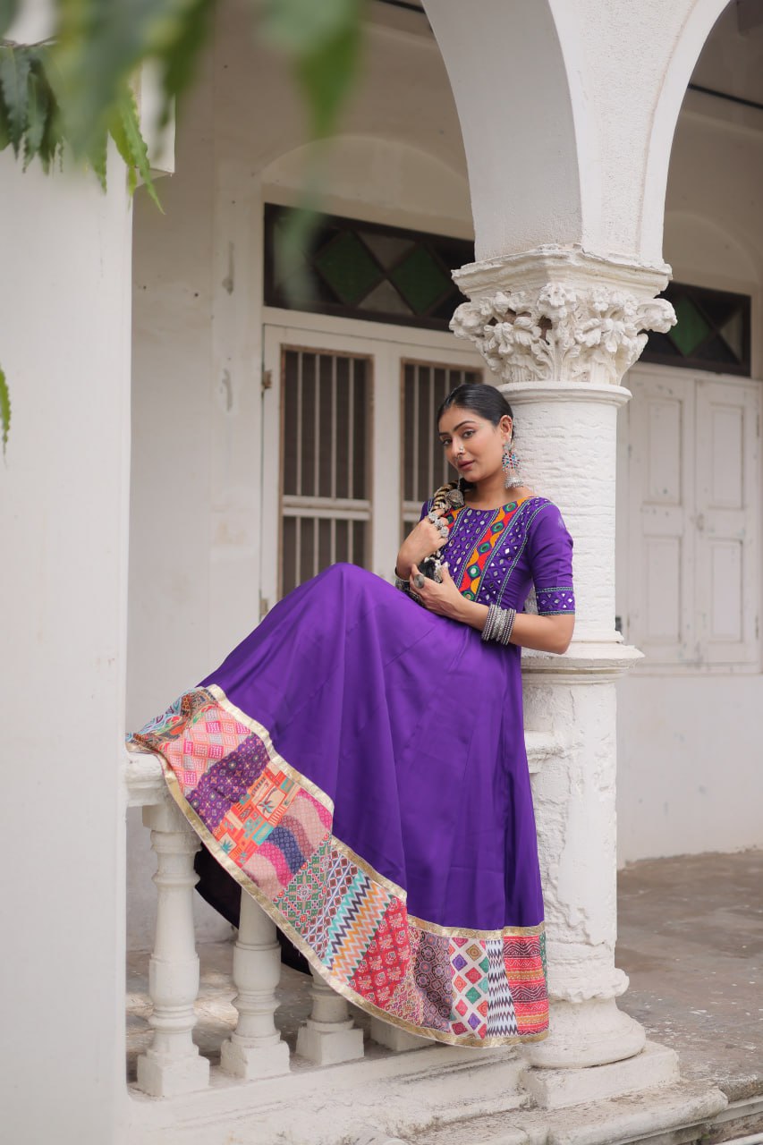 Purple Designer Roman Fabric Gown with Multicolor Thread, Mirror & Maslin Crochet Work ClothsVilla