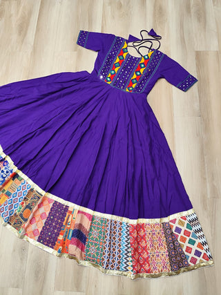 Purple Designer Roman Fabric Gown with Multicolor Thread, Mirror & Maslin Crochet Work ClothsVilla