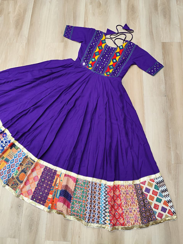 Purple Designer Roman Fabric Gown with Multicolor Thread, Mirror & Maslin Crochet Work ClothsVilla