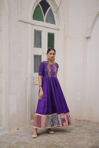 Purple Designer Roman Fabric Gown with Multicolor Thread, Mirror & Maslin Crochet Work ClothsVilla