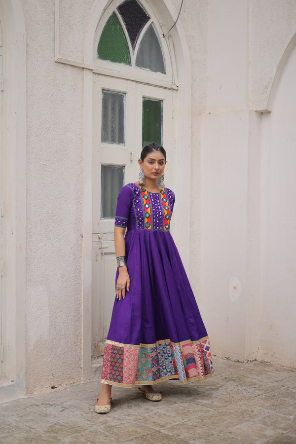 Purple Designer Roman Fabric Gown with Multicolor Thread, Mirror & Maslin Crochet Work ClothsVilla