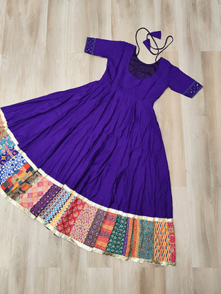 Purple Designer Roman Fabric Gown with Multicolor Thread, Mirror & Maslin Crochet Work ClothsVilla