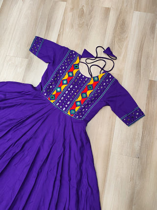 Purple Designer Roman Fabric Gown with Multicolor Thread, Mirror & Maslin Crochet Work ClothsVilla