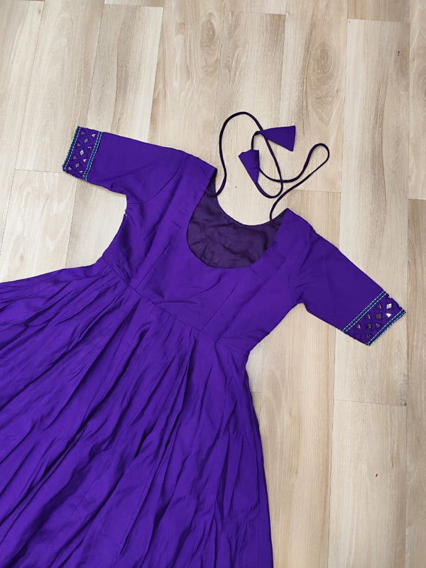 Purple Designer Roman Fabric Gown with Multicolor Thread, Mirror & Maslin Crochet Work ClothsVilla