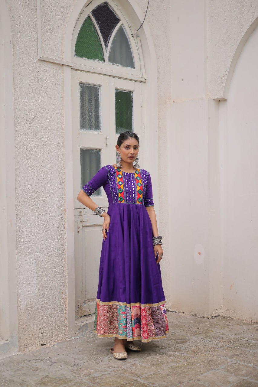 Purple Designer Roman Fabric Gown with Multicolor Thread, Mirror & Maslin Crochet Work ClothsVilla