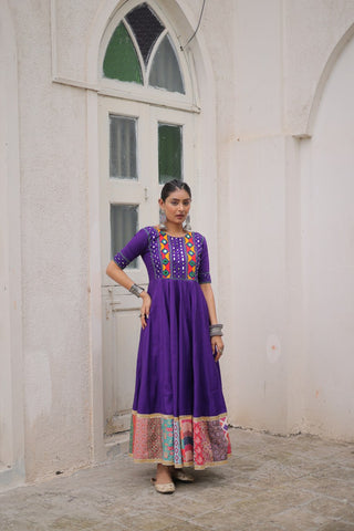 Purple Designer Roman Fabric Gown with Multicolor Thread, Mirror & Maslin Crochet Work ClothsVilla