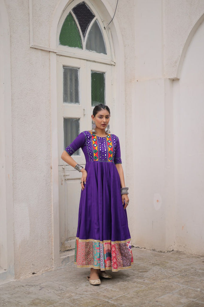 Purple Designer Roman Fabric Gown with Multicolor Thread, Mi Purple Designer Roman Fabric Gown with Multicolor Thread, Mi