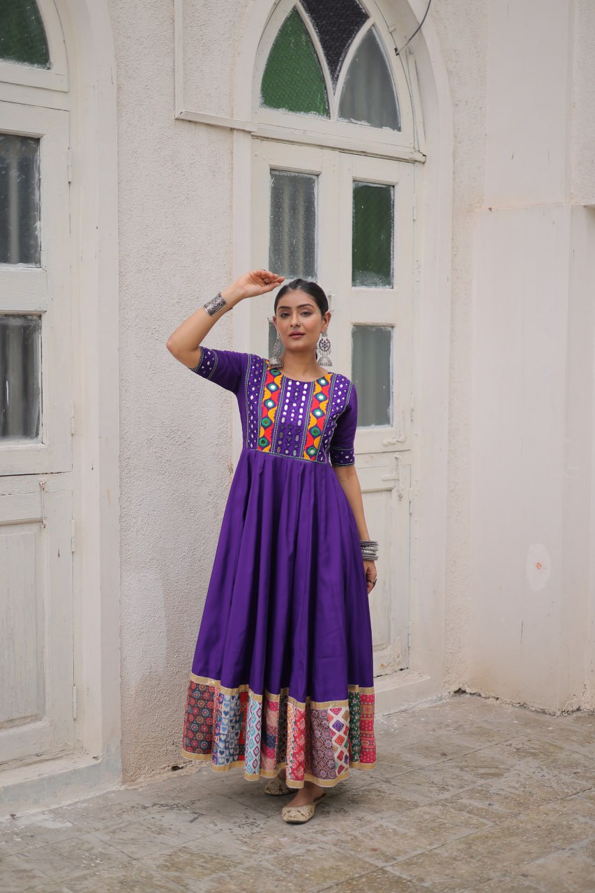 Purple Designer Roman Fabric Gown with Multicolor Thread, Mirror & Maslin Crochet Work ClothsVilla
