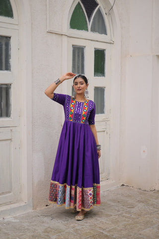 Purple Designer Roman Fabric Gown with Multicolor Thread, Mirror & Maslin Crochet Work ClothsVilla
