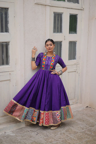 Purple Designer Roman Fabric Gown with Multicolor Thread, Mirror & Maslin Crochet Work ClothsVilla