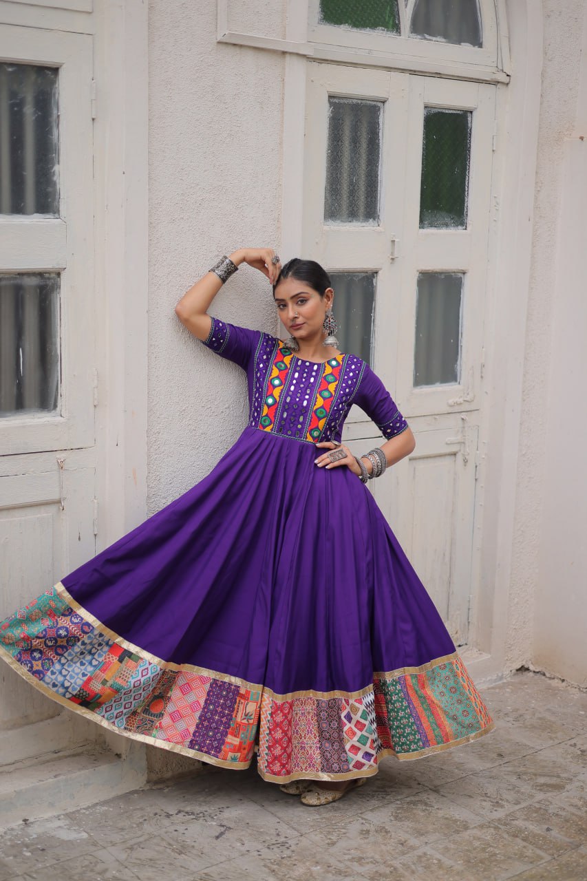 Purple Designer Roman Fabric Gown with Multicolor Thread, Mirror & Maslin Crochet Work ClothsVilla