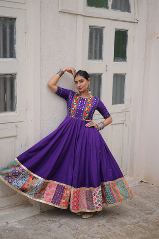Purple Designer Roman Fabric Gown with Multicolor Thread, Mirror & Maslin Crochet Work ClothsVilla