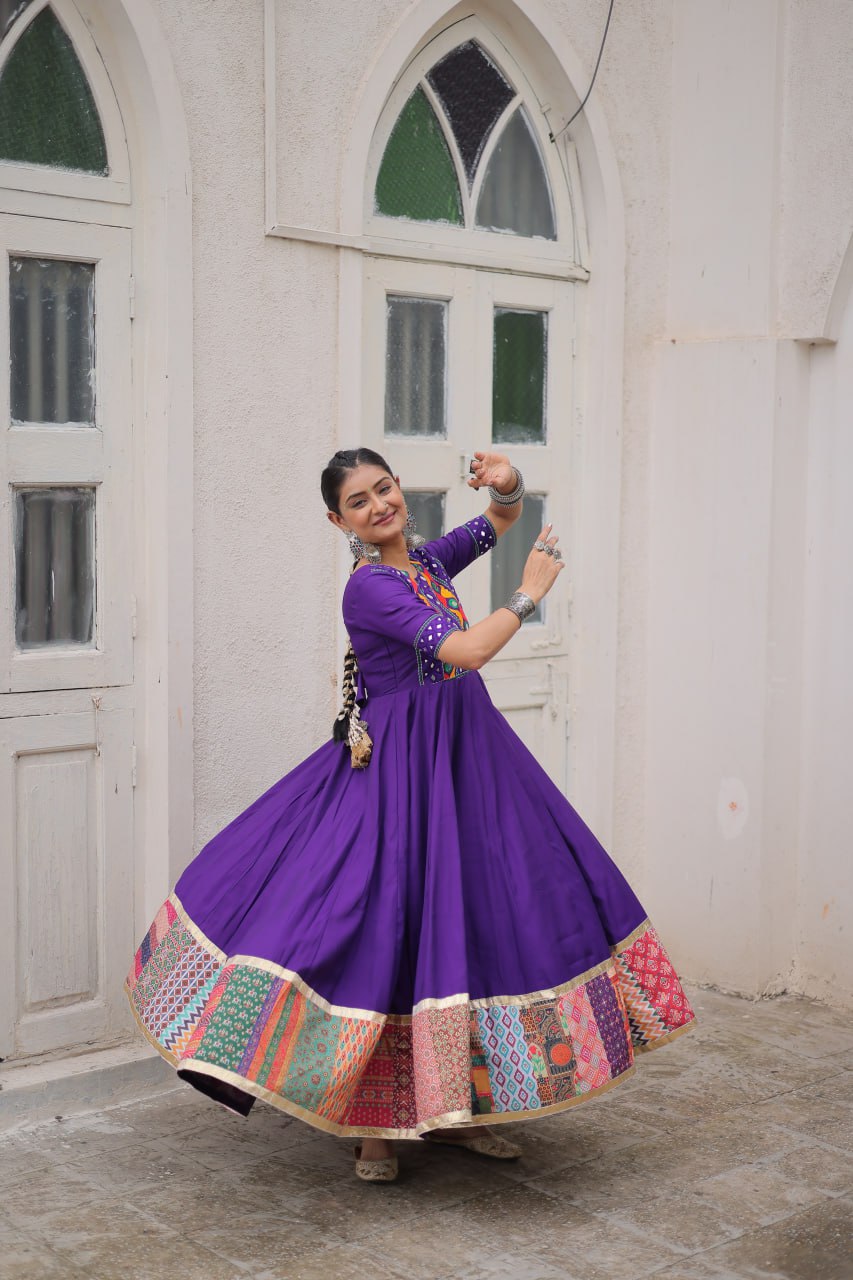 Purple Designer Roman Fabric Gown with Multicolor Thread, Mirror & Maslin Crochet Work ClothsVilla