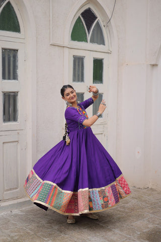 Purple Designer Roman Fabric Gown with Multicolor Thread, Mirror & Maslin Crochet Work ClothsVilla