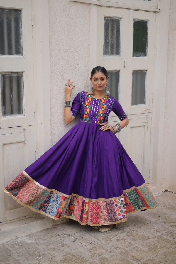 Purple Designer Roman Fabric Gown with Multicolor Thread, Mirror & Maslin Crochet Work ClothsVilla