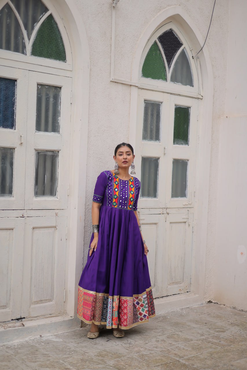 Purple Designer Roman Fabric Gown with Multicolor Thread, Mirror & Maslin Crochet Work ClothsVilla