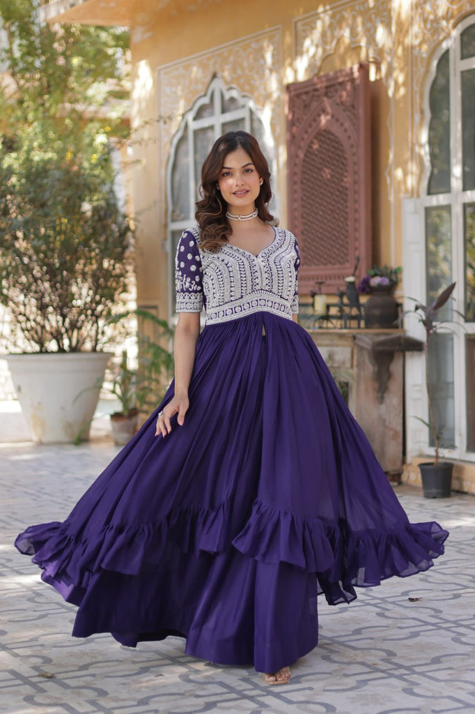 Purple Designer Star Georgette Kurti with Lehenga Set Embroidered Beads & Sequins Work Elegant Ethnic Wear ClothsVilla