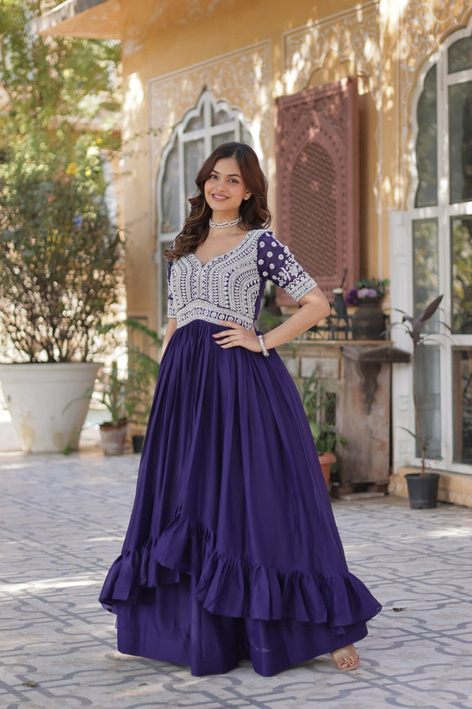 Purple Designer Star Georgette Kurti with Lehenga Set Embroidered Beads & Sequins Work Elegant Ethnic Wear ClothsVilla
