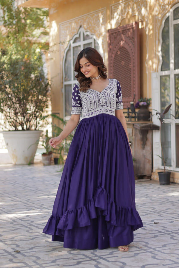Purple Designer Star Georgette Kurti with Lehenga Set Embroidered Beads & Sequins Work Elegant Ethnic Wear ClothsVilla
