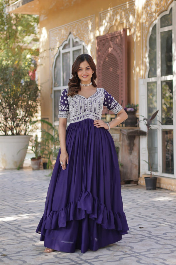 Purple Designer Star Georgette Kurti with Lehenga Set Embroidered Beads & Sequins Work Elegant Ethnic Wear ClothsVilla