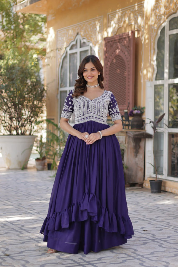 Purple Designer Star Georgette Kurti with Lehenga Set Embroidered Beads & Sequins Work Elegant Ethnic Wear ClothsVilla