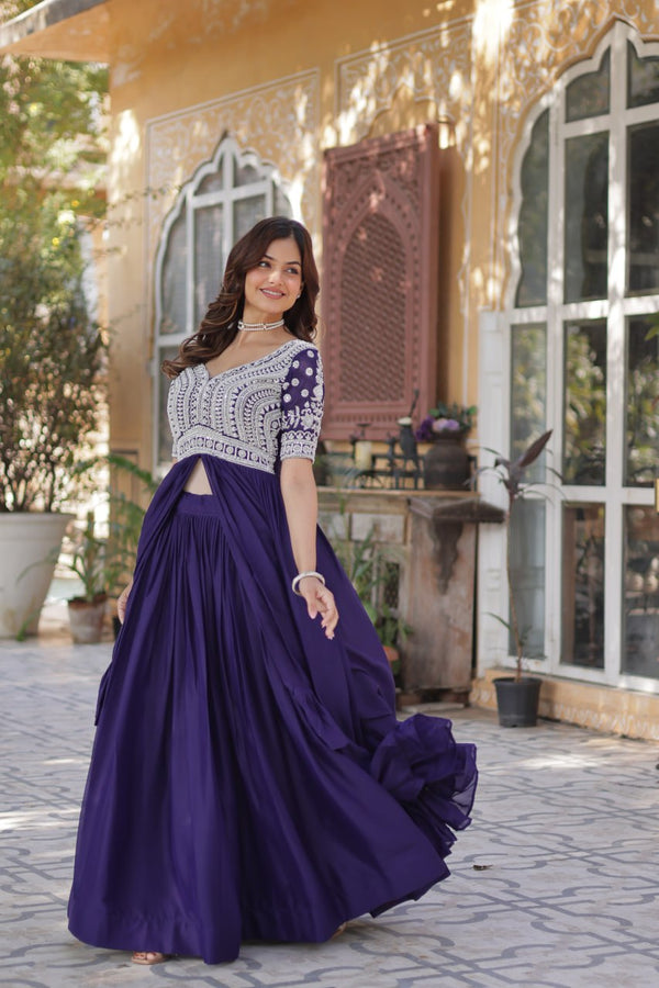 Purple Designer Star Georgette Kurti with Lehenga Set Embroidered Beads & Sequins Work Elegant Ethnic Wear ClothsVilla