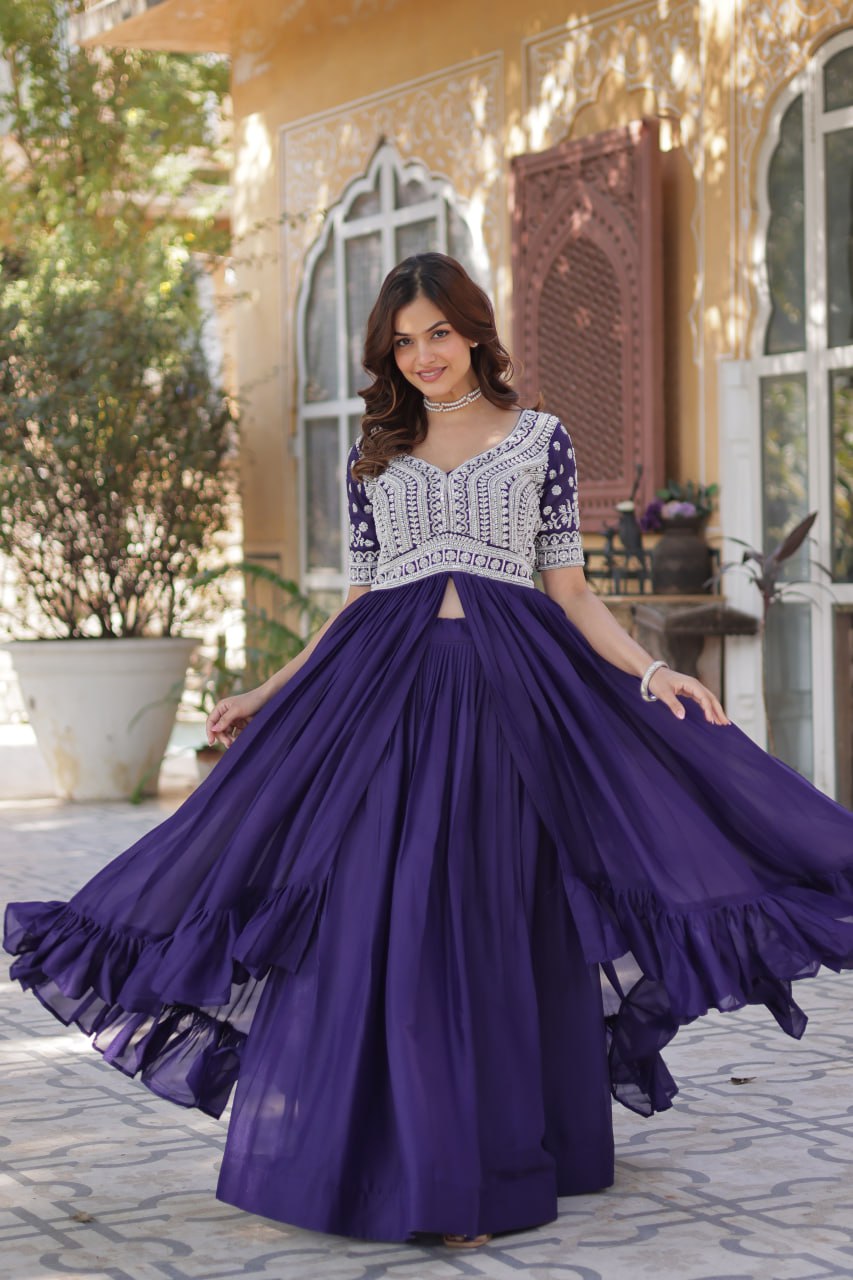 Purple Designer Star Georgette Kurti with Lehenga Set Embroidered Beads & Sequins Work Elegant Ethnic Wear ClothsVilla