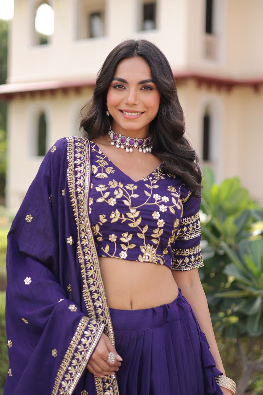 Purple Designer Vichitra Silk Sequins & Zari Embroidered Lehenga Choli Set with Matching Dupatta – Fully Stitched Festive & Wedding Wear Ensemble ClothsVilla