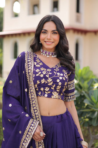 Purple Designer Vichitra Silk Sequins & Zari Embroidered Lehenga Choli Set with Matching Dupatta – Fully Stitched Festive & Wedding Wear Ensemble ClothsVilla