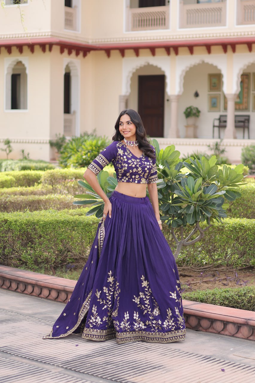 Purple Designer Vichitra Silk Sequins & Zari Embroidered Lehenga Choli Set with Matching Dupatta – Fully Stitched Festive & Wedding Wear Ensemble ClothsVilla