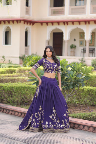 Purple Designer Vichitra Silk Sequins & Zari Embroidered Lehenga Choli Set with Matching Dupatta – Fully Stitched Festive & Wedding Wear Ensemble ClothsVilla
