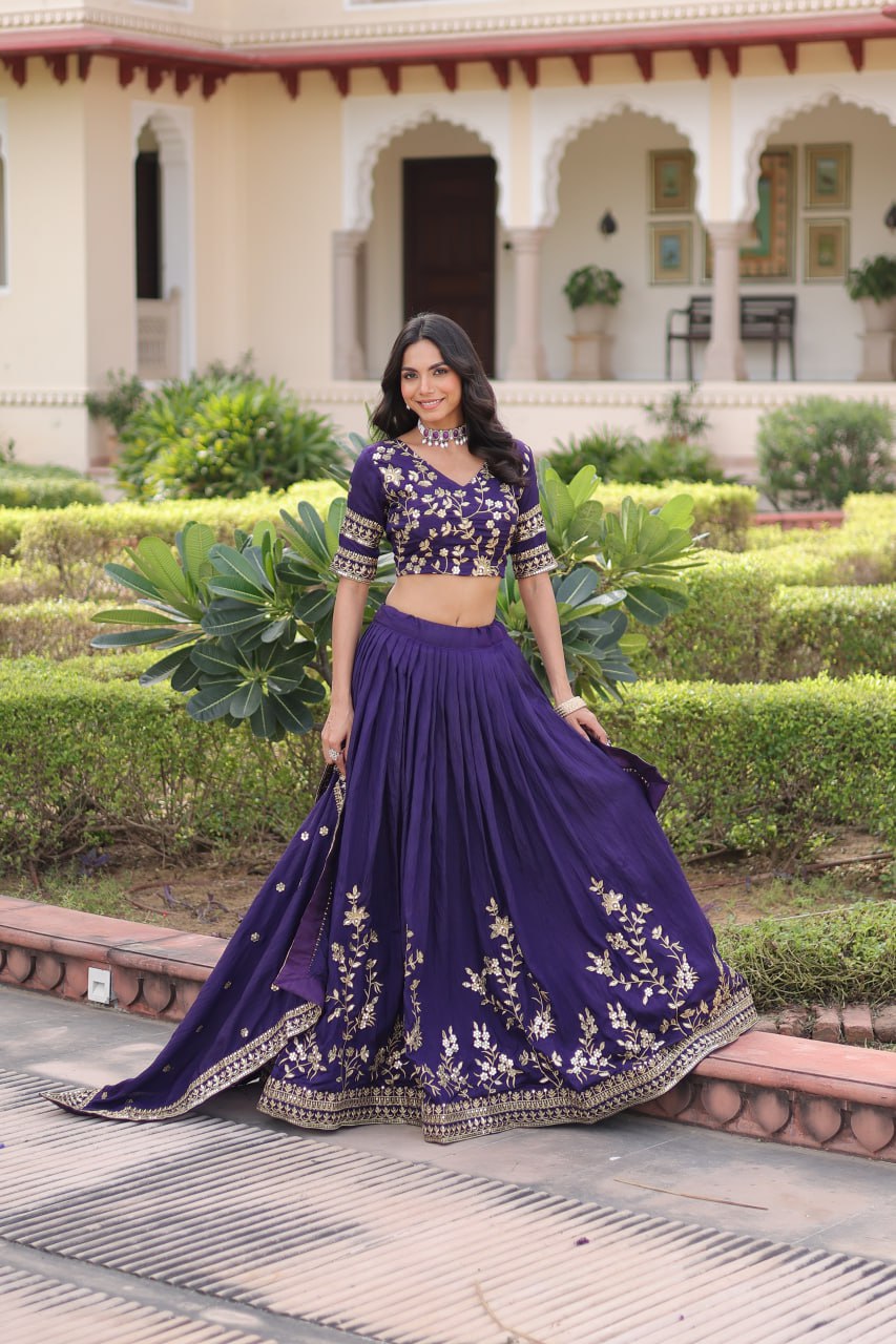 Purple Designer Vichitra Silk Sequins & Zari Embroidered Lehenga Choli Set with Matching Dupatta – Fully Stitched Festive & Wedding Wear Ensemble ClothsVilla