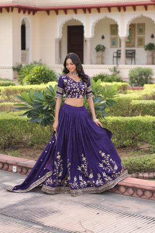 Purple Designer Vichitra Silk Sequins & Zari Embroidered Lehenga Choli Set with Matching Dupatta – Fully Stitched Festive & Wedding Wear Ensemble ClothsVilla