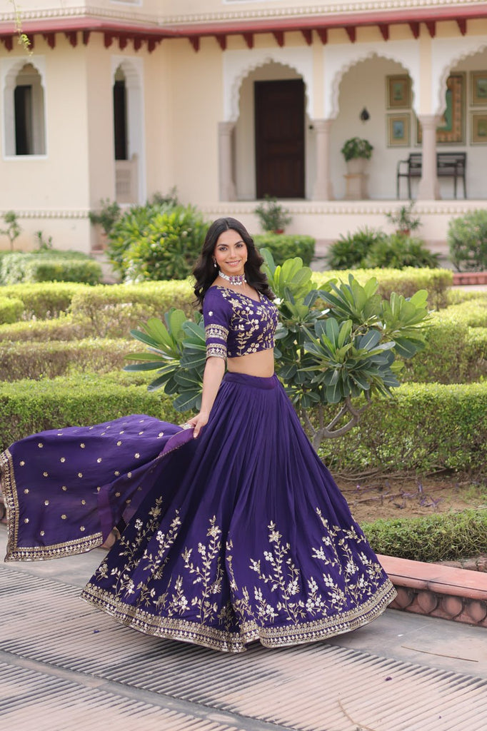 Purple Designer Vichitra Silk Sequins & Zari Embroidered Lehenga Choli Set with Matching Dupatta – Fully Stitched Festive & Wedding Wear Ensemble ClothsVilla