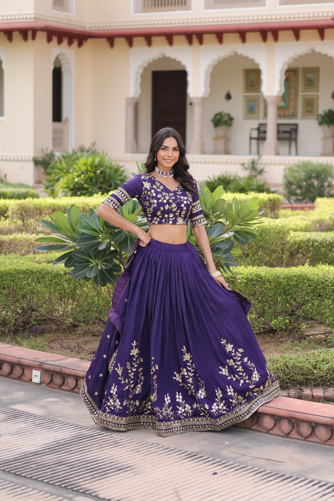 Purple Designer Vichitra Silk Sequins & Zari Embroidered Lehenga Choli Set with Matching Dupatta – Fully Stitched Festive & Wedding Wear Ensemble ClothsVilla