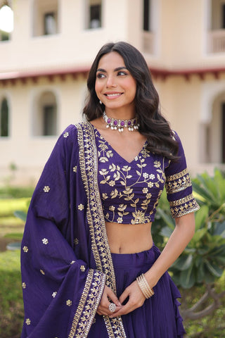 Purple Designer Vichitra Silk Sequins & Zari Embroidered Lehenga Choli Set with Matching Dupatta – Fully Stitched Festive & Wedding Wear Ensemble ClothsVilla